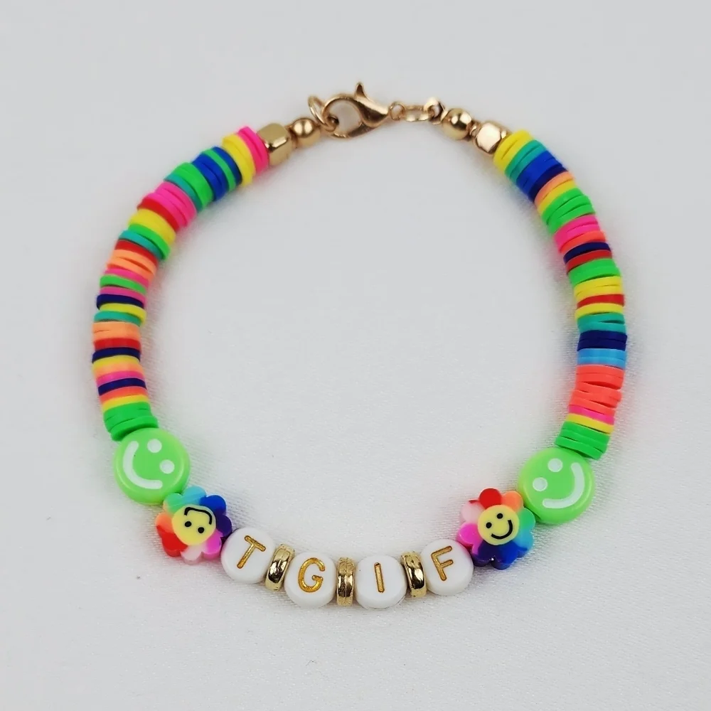 Handmade TGIF Smiley Face Flower Multi Color  Bracelet